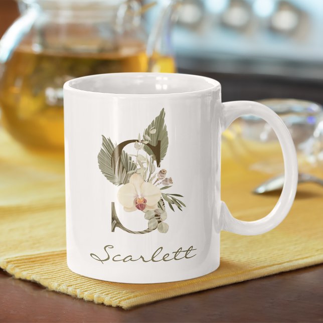 Initial S Boho Floral Orchid Greenery Custom Name Coffee Mug (Creator Uploaded)