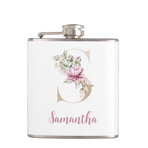 Initial S Gold Letter S Monogram S Pink Floral  Flask