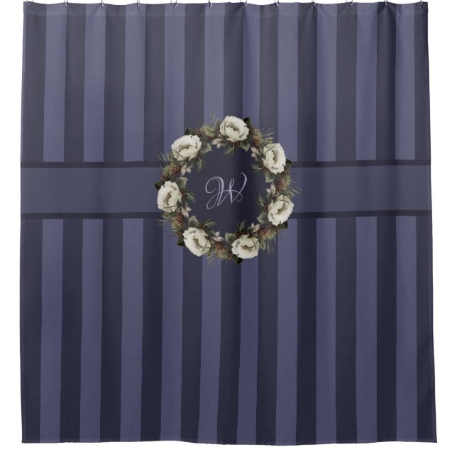Initial Stripe Elegant Winter Garden Floral Wreath Shower Curtain (Front)