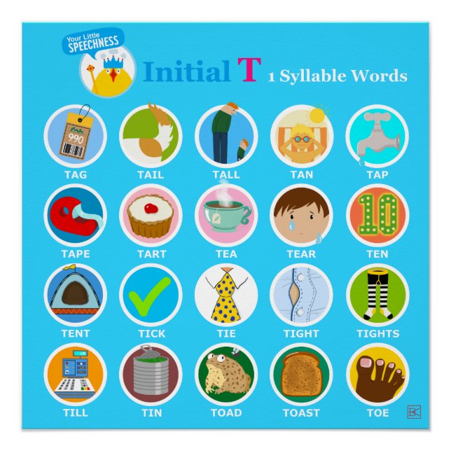 Initial T 1 Syllable Words - Blue Poster (Front)