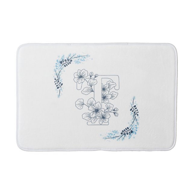 Initial "T" Blue Monogram Calm Floral Bath Mat (Front)