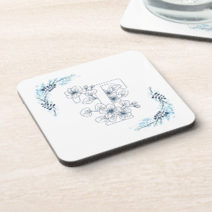 Initial "T" Blue Monogram Calm Floral Beverage Coaster