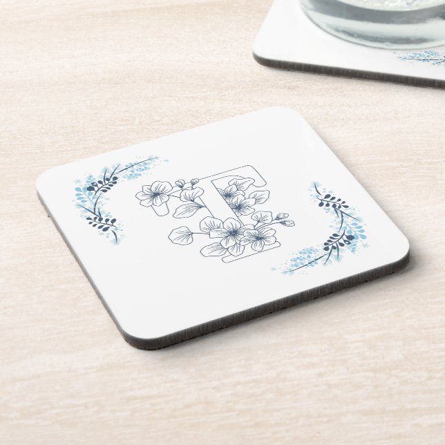 Initial "T" Blue Monogram Calm Floral Beverage Coaster (Left Side)