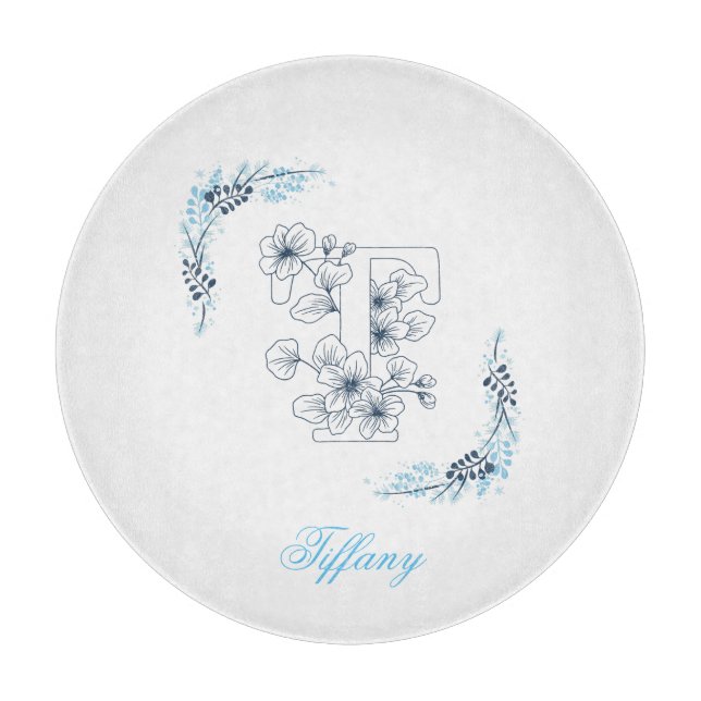 Initial "T" Blue Monogram Calm Floral Cutting Board (Front)