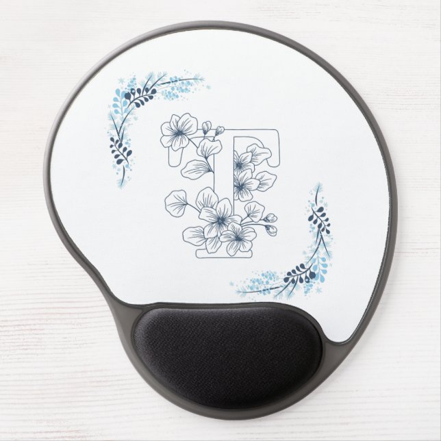 Initial "T" Blue Monogram Calm Floral Gel Mouse Pad (Front)