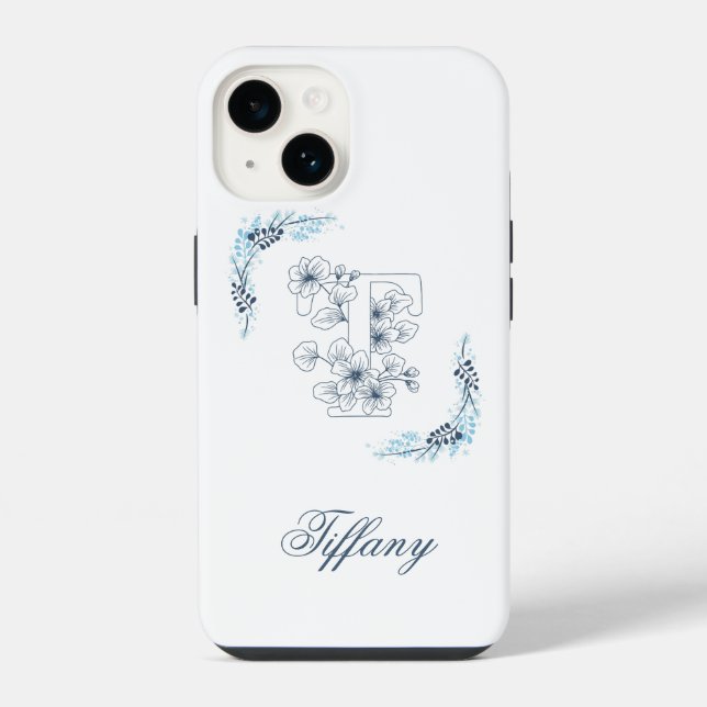 Initial "T" Blue Monogram Calm Floral Iphone Case (Back)