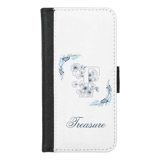 Initial "T" Blue Monogram Calm Floral iPhone Wallet Case (Front)