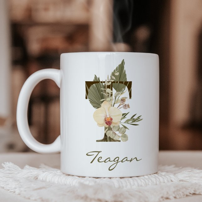 Initial T Boho Floral Orchid Greenery Custom Name Coffee Mug (Creator Uploaded)