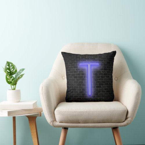 Initial T In Neon Marquee On Brick  Throw Pillow
