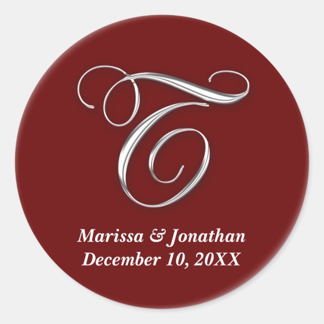 Initial T wine red monogram custom name favor seal (Front)