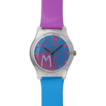 Initial Trippy Purple Dots Blue Psychedelic Spots  Watch by MBS_International at Zazzle