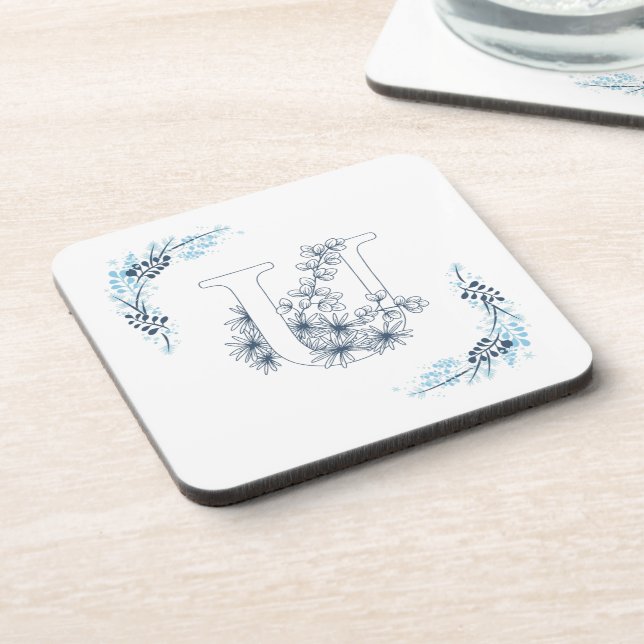 Initial "U" Blue Monogram Calm Floral Beverage Coaster (Left Side)