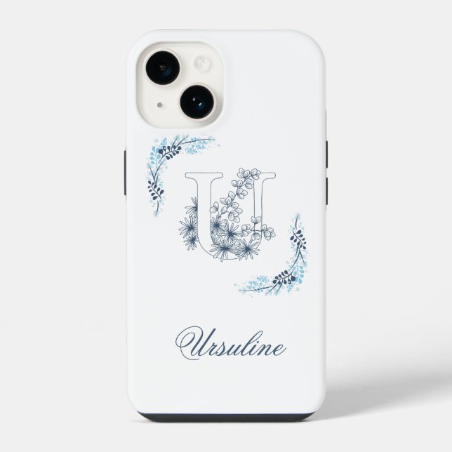 Initial "U" Blue Monogram Calm Floral Iphone Case (Back)