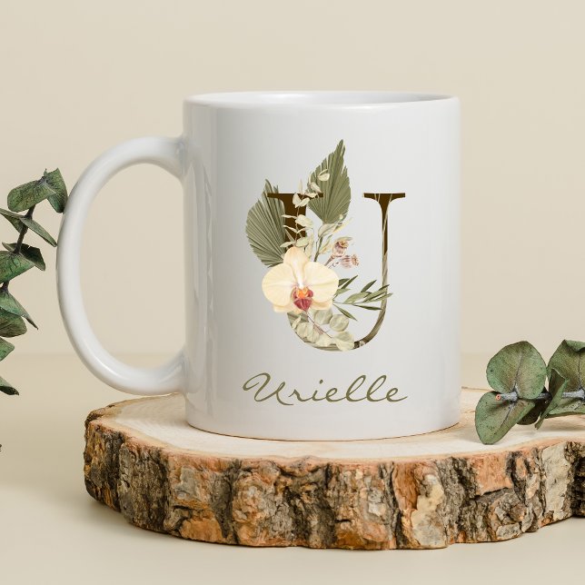 Initial U Boho Floral Orchid Greenery Custom Name Coffee Mug (Creator Uploaded)