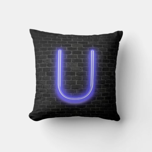 Initial U In Neon Marquee On Brick Throw Pillow