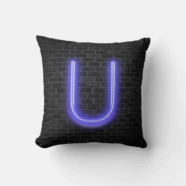 Initial U In Neon Marquee On Brick Throw Pillow (Front)