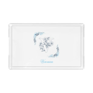 Initial "V" Blue Monogram Calm Floral Acrylic Tray