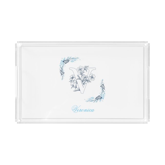 Initial "V" Blue Monogram Calm Floral Acrylic Tray (Front)