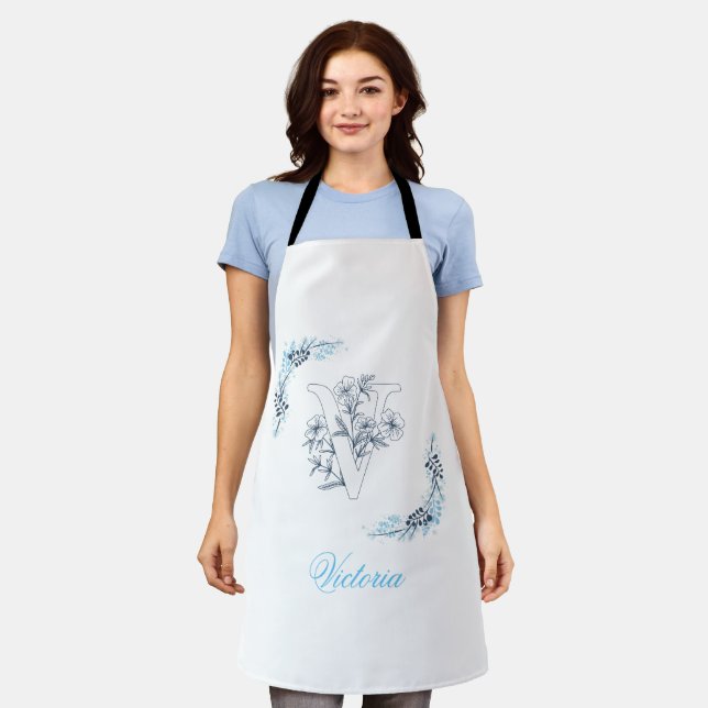Initial "V" Blue Monogram Calm Floral Apron (Worn)