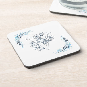 Initial "V" Blue Monogram Calm Floral Beverage Coaster