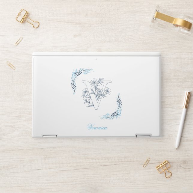 Initial "V" Blue Monogram Calm Floral HP Laptop Skin (Desk)