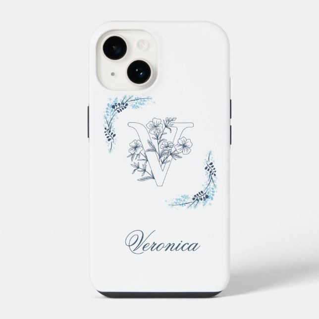 Initial "V" Blue Monogram Calm Floral Iphone Case (Back)