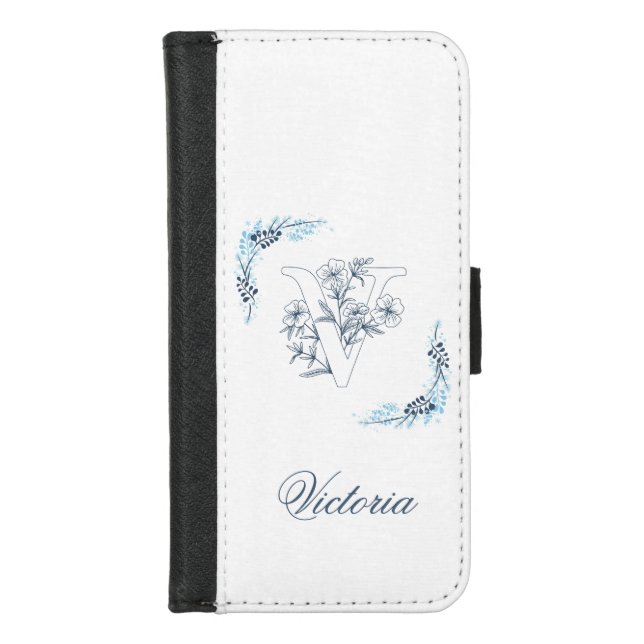 Initial "V" Blue Monogram Calm Floral iPhone Wallet Case (Front)