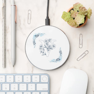 Initial "V" Blue Monogram Calm Floral Wireless Charger