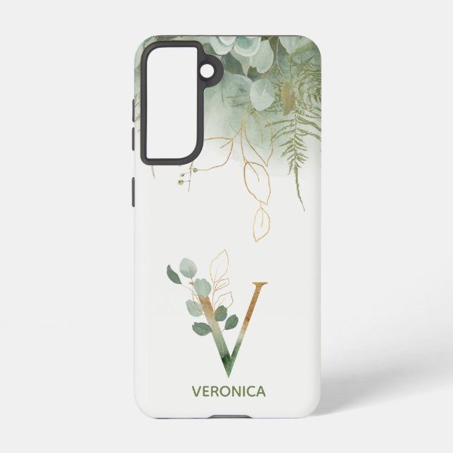 Initial V Gold & Greenery Elegant Samsung Galaxy Case (Back)