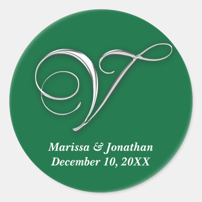 Initial V green monogram custom name favor seal (Front)