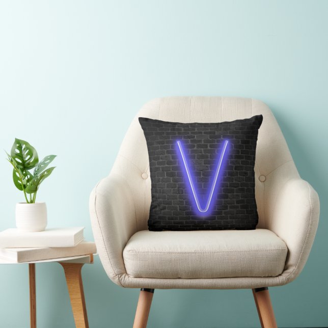 Initial V In Neon Marquee On Brick  Throw Pillow (Chair)