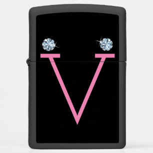 Initial V Jewel Zippo Lighter Diamond Design