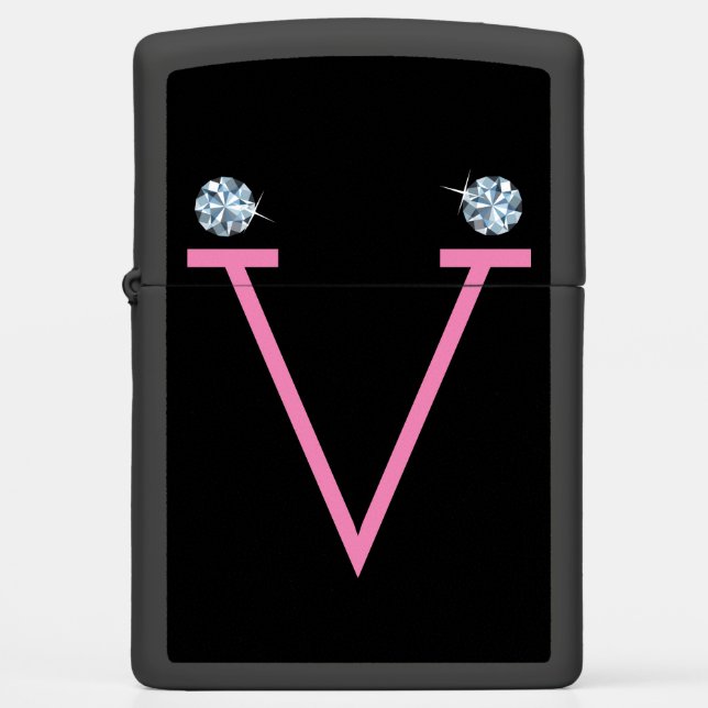 Initial V Jewel Zippo Lighter Diamond Design (Front)