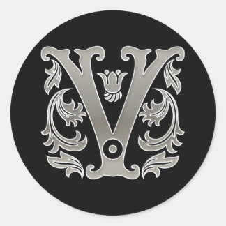 Initial V Round Sticker in silver