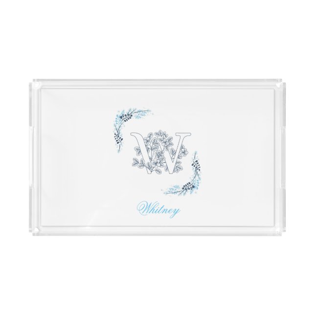 Initial "W" Blue Monogram Calm Floral Acrylic Tray (Front)