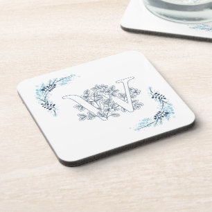 Initial "W" Blue Monogram Calm Floral Beverage Coaster