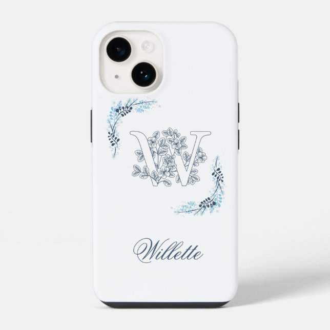 Initial "W" Blue Monogram Calm Floral Iphone Case (Back)
