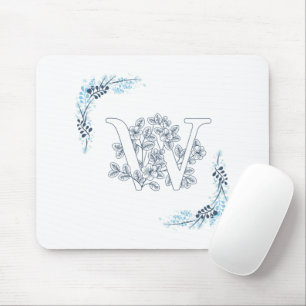 Initial "W" Blue Monogram Calm Floral Mouse Pad