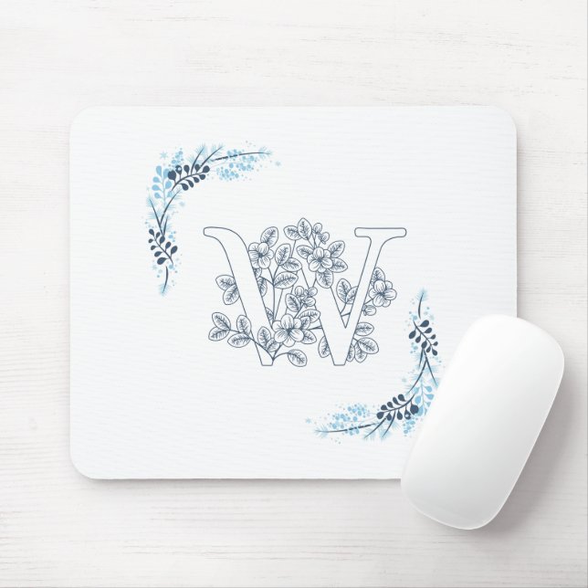 Initial "W" Blue Monogram Calm Floral Mouse Pad (With Mouse)