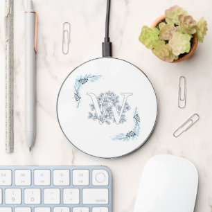 Initial "W" Blue Monogram Calm Floral Wireless Charger
