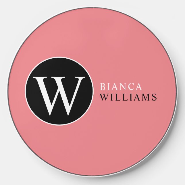 Initial W (editable) Circle Monogram Pink Wireless Charger (Front)