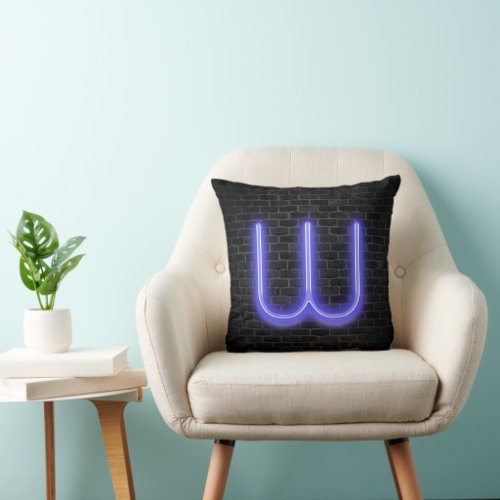 Initial W In Neon Marquee On Brick  Throw Pillow