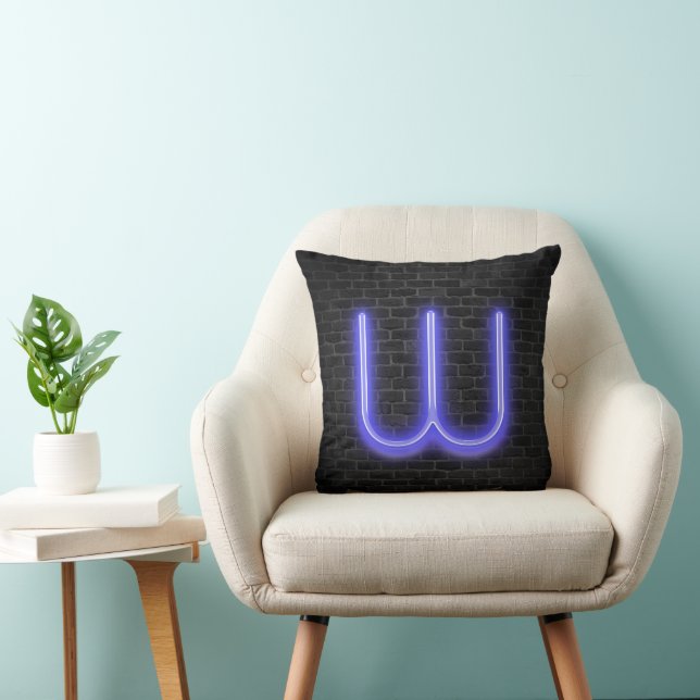 Initial W In Neon Marquee On Brick  Throw Pillow (Chair)