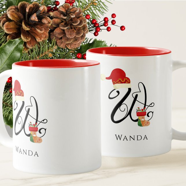 Initial W Monogram Elegant Modern Script Christmas Two-Tone Coffee Mug (Creator Uploaded)