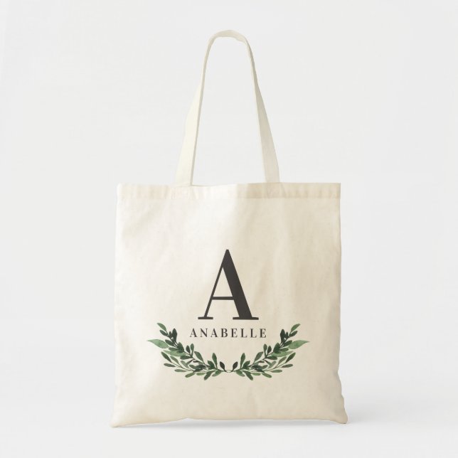 Initial watercolor foliage wreath tote bag (Front)