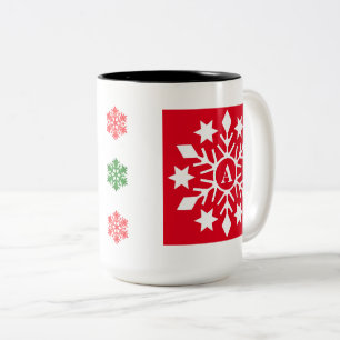 Initial Winter Snowflakes Red Green Christmas Two-Tone Coffee Mug