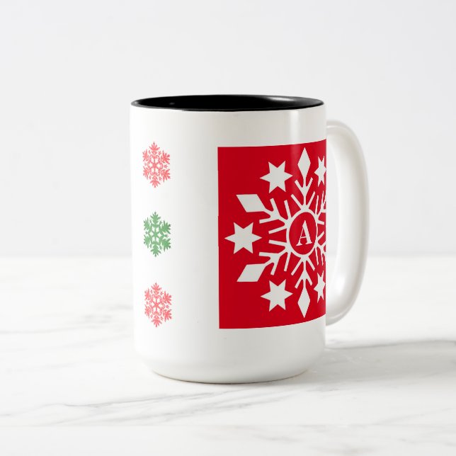 Initial Winter Snowflakes Red Green Christmas Two-Tone Coffee Mug (Front Right)