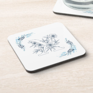 Initial "X" Blue Monogram Calm Floral Beverage Coaster