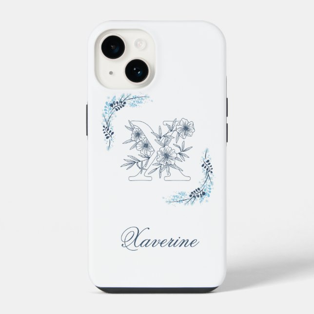 Initial "X" Blue Monogram Calm Floral Iphone Case (Back)