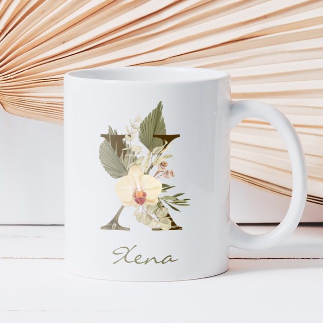 Initial X Boho Floral Orchid Greenery Custom Name Coffee Mug (Creator Uploaded)